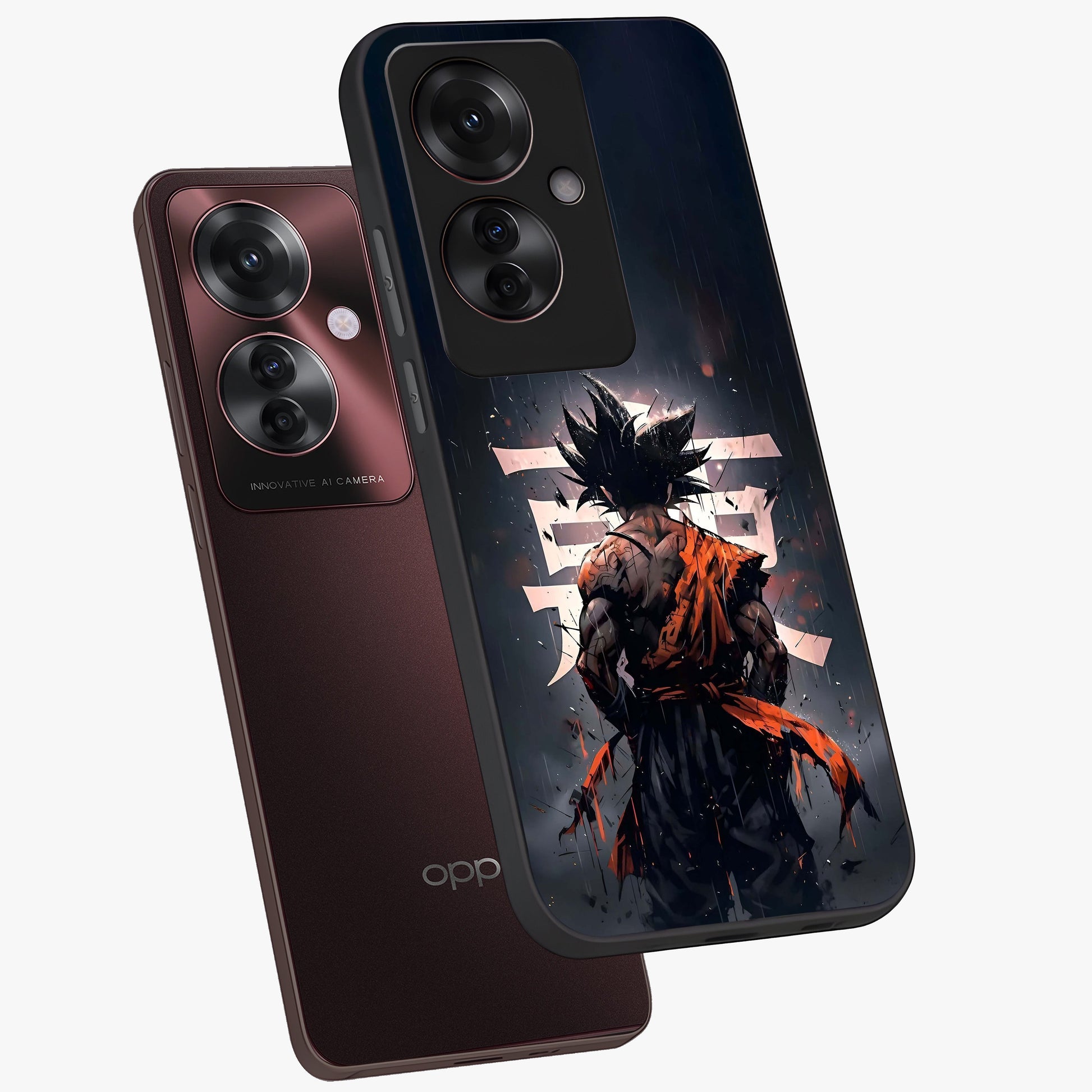 Dark Warrior In Rain Glass Case displayed in angled mockup highlighting dramatic warrior illustration with dark rain aesthetic.