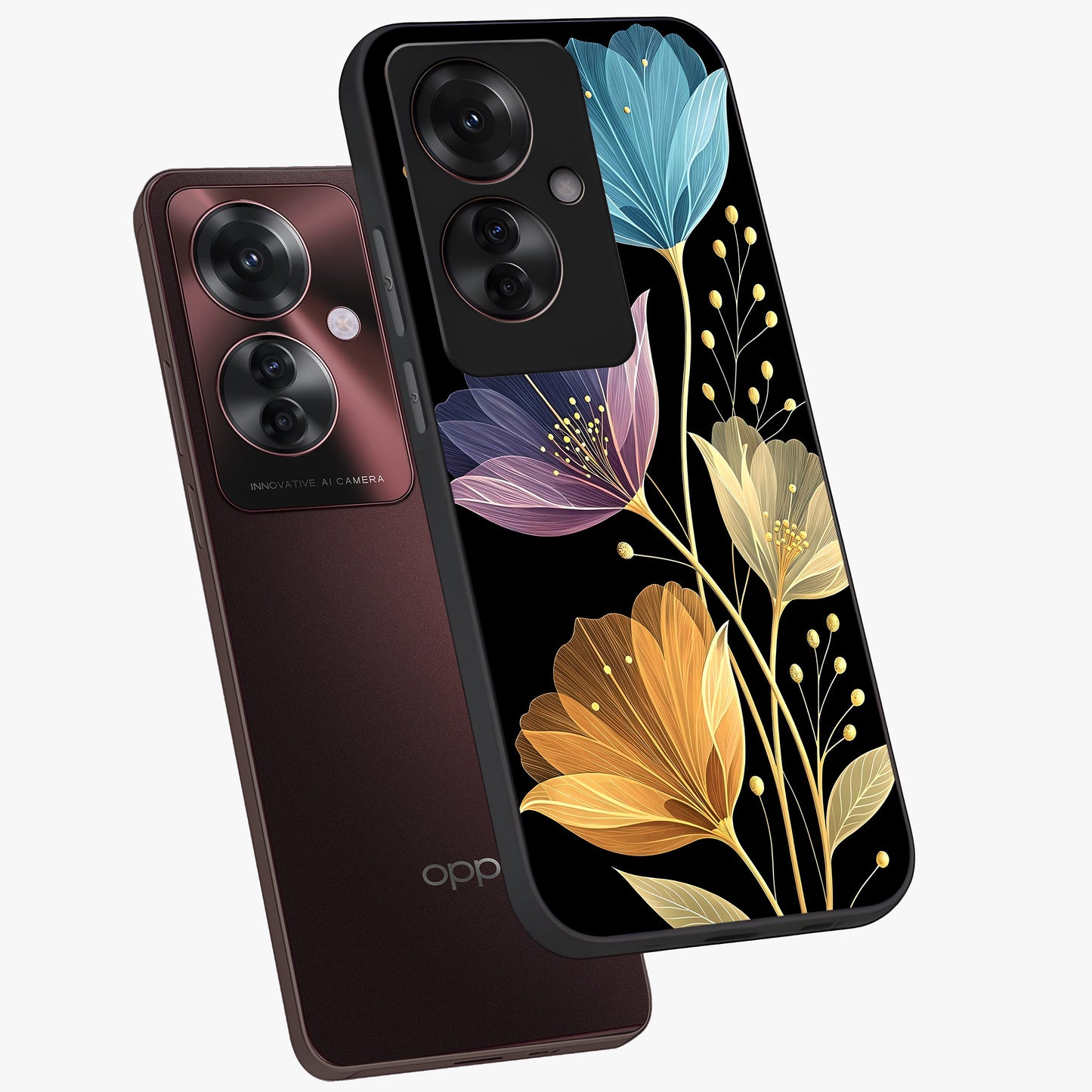 Delicate Multicolor Flowers Glass Case displayed in angled mockup highlighting colorful flower pattern with soft aesthetic style.