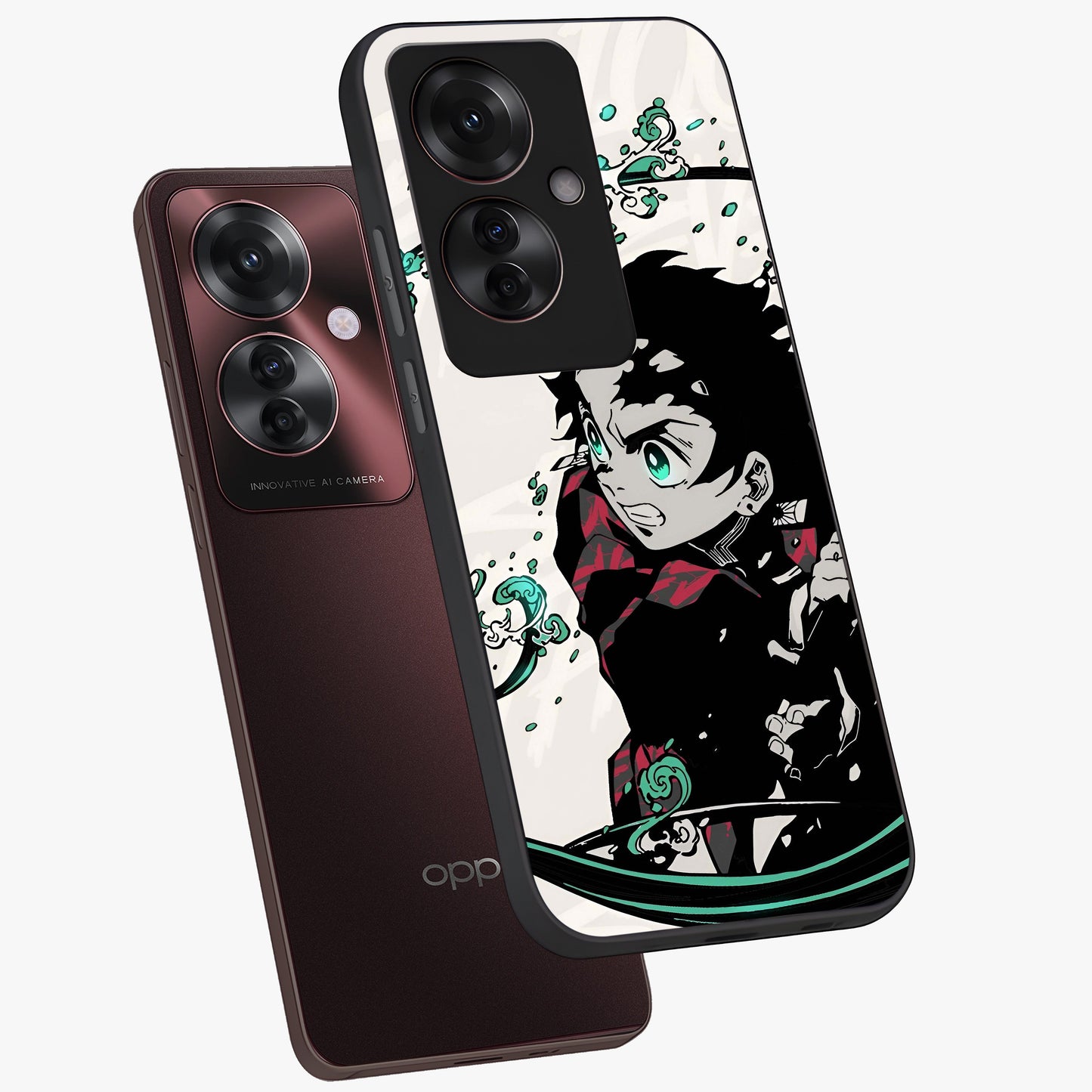 Demon Slayer Glass Case displayed in angled mockup highlighting dramatic anime character design with action aesthetic.