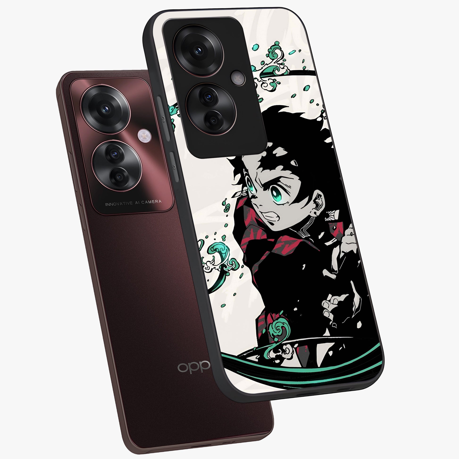 Demon Slayer Glass Case displayed in angled mockup highlighting dramatic anime character design with action aesthetic.
