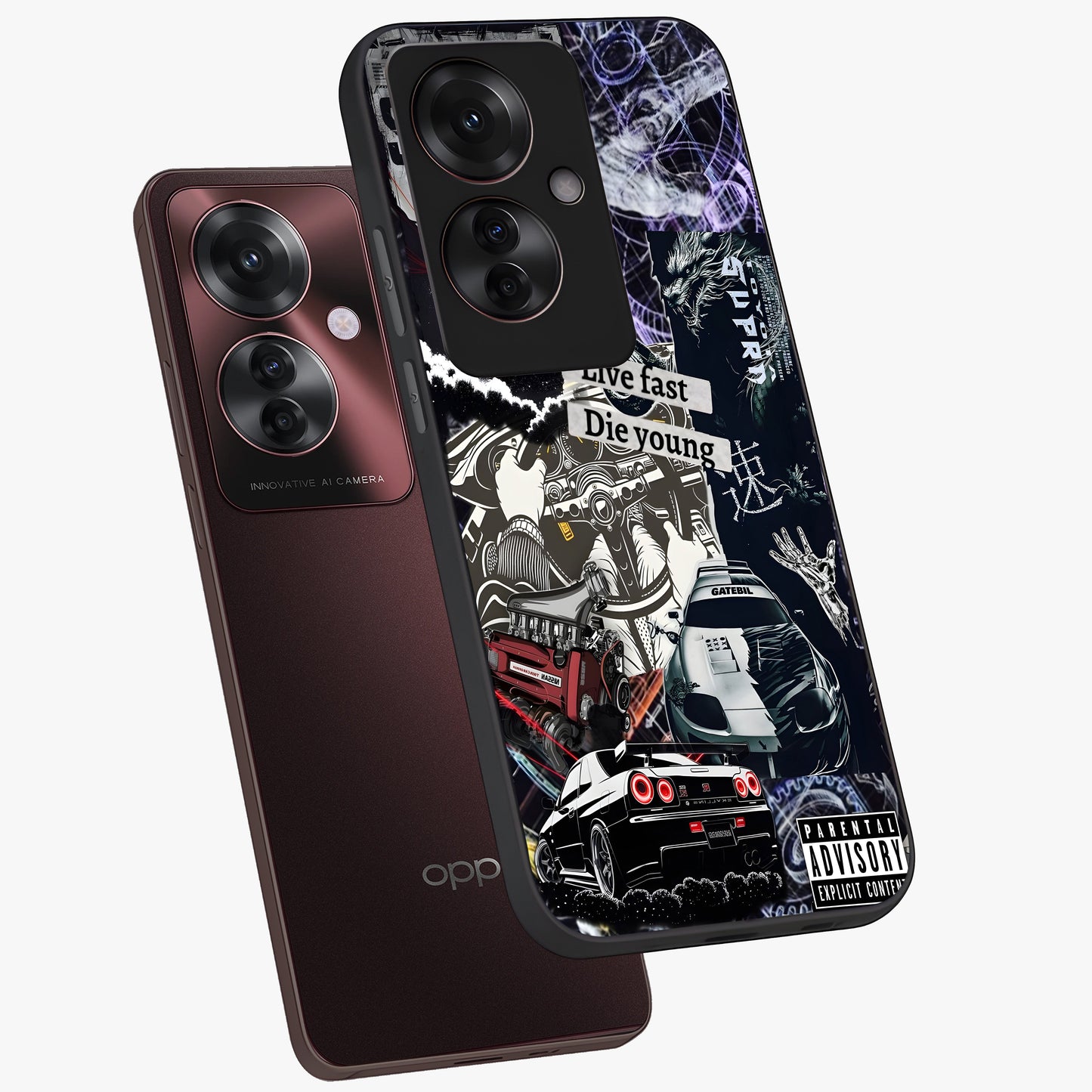 Die Young Glass Case displayed in angled mockup highlighting expressive graphic artwork with edgy aesthetic style.