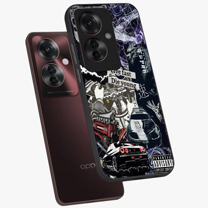 Die Young Glass Case displayed in angled mockup highlighting expressive graphic artwork with edgy aesthetic style.