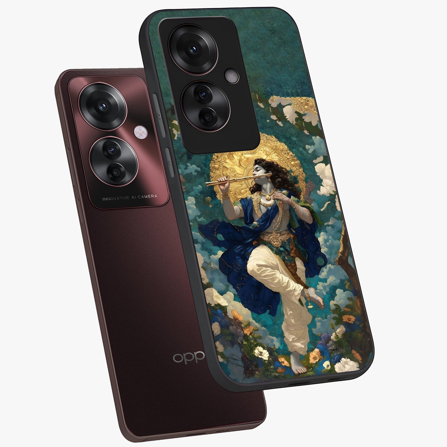 Divine Krishna Art Glass Case displayed in angled mockup highlighting spiritual Krishna illustration with devotional aesthetic.