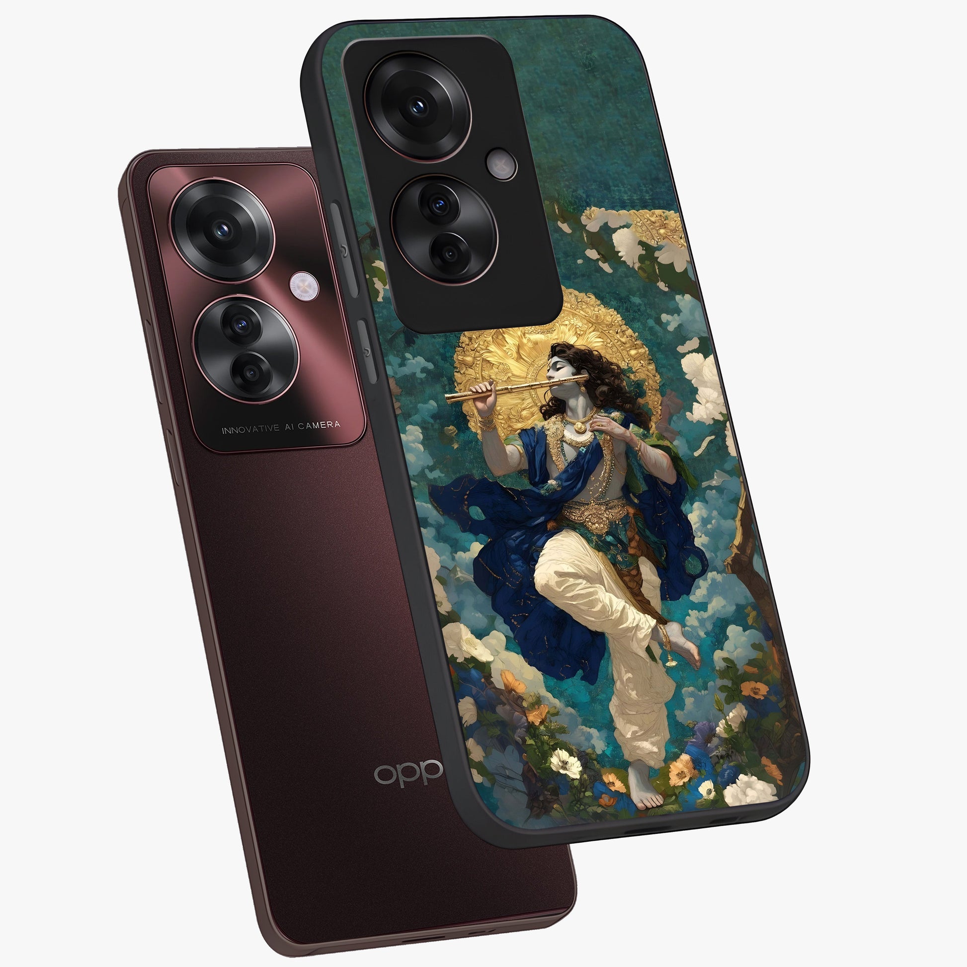 Divine Krishna Art Glass Case displayed in angled mockup highlighting spiritual Krishna illustration with devotional aesthetic.