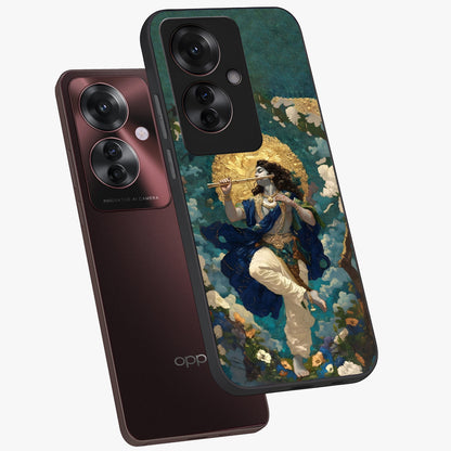Divine Krishna Art Glass Case displayed in angled mockup highlighting spiritual Krishna illustration with devotional aesthetic.