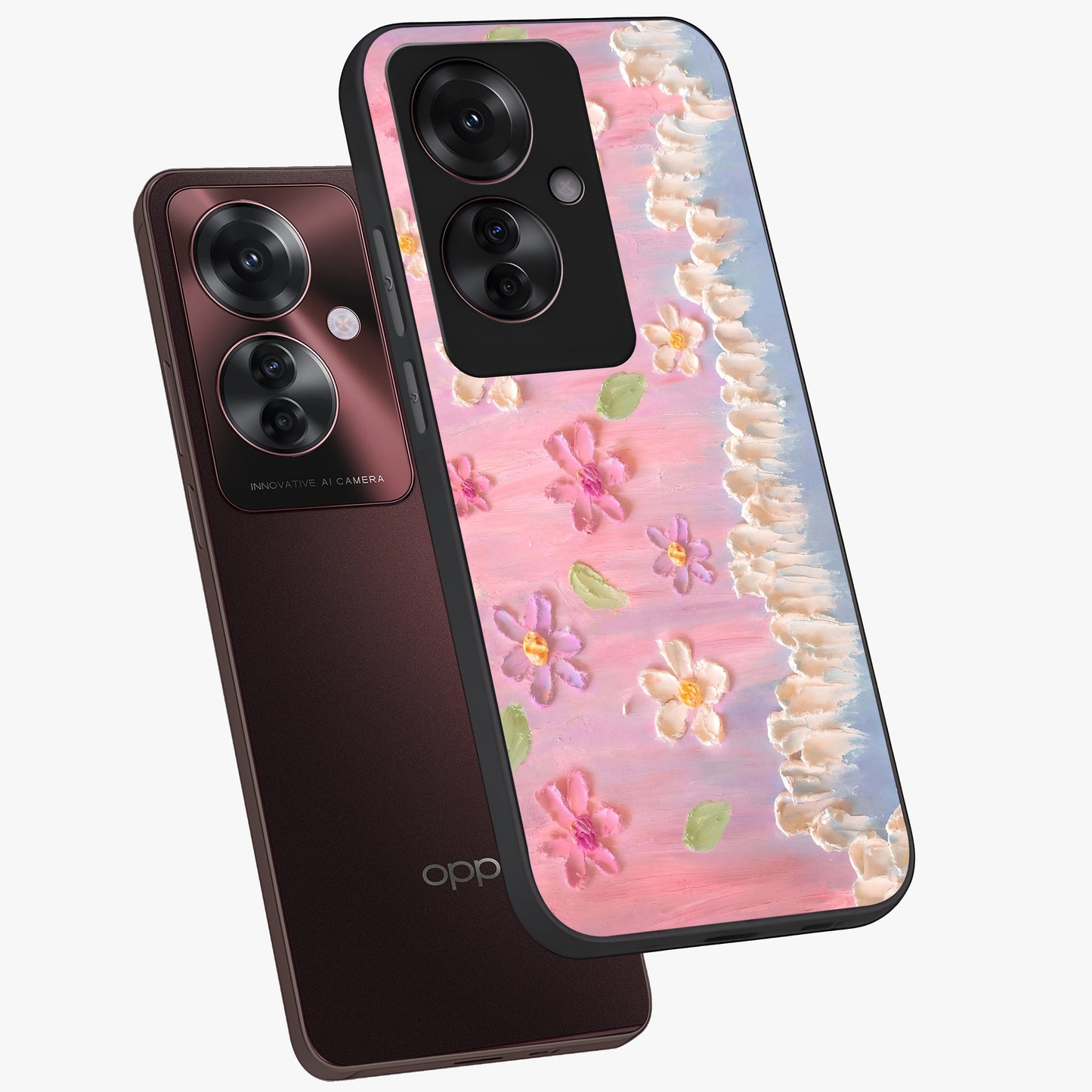 Dreamy Painted Garden Glass Case displayed in angled mockup highlighting colorful garden illustration with dreamy aesthetic style.
