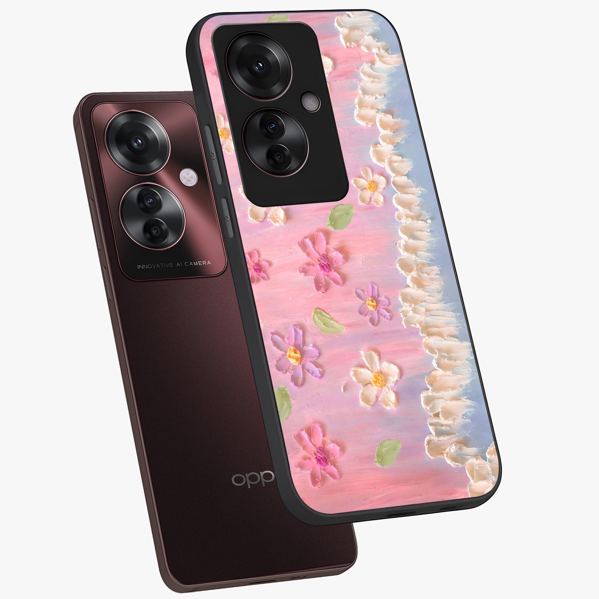 Dreamy Painted Garden Glass Case displayed in angled mockup highlighting colorful garden illustration with dreamy aesthetic style.