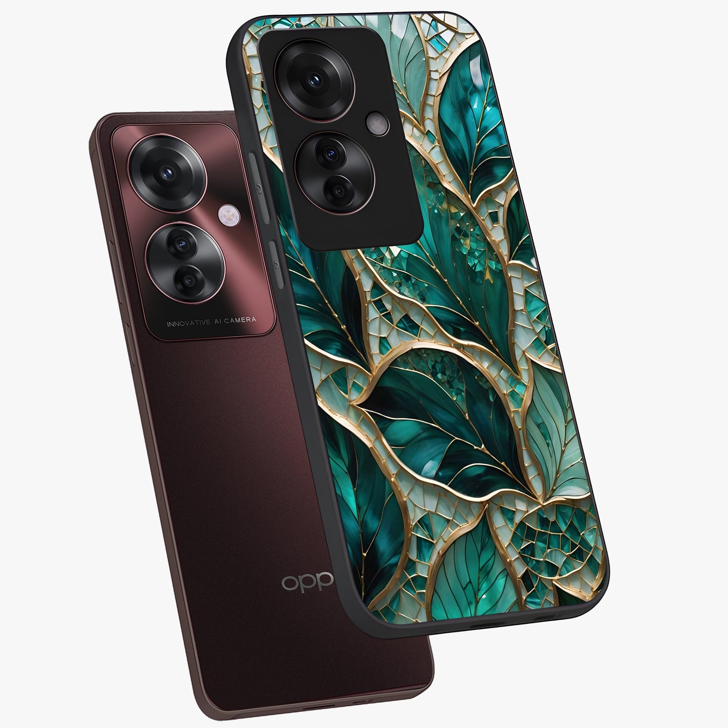 Emerald Leaf Glass Glass Case displayed in angled mockup highlighting botanical leaf illustration with elegant natural aesthetic.