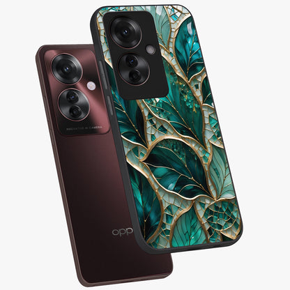 Emerald Leaf Glass Glass Case displayed in angled mockup highlighting botanical leaf illustration with elegant natural aesthetic.