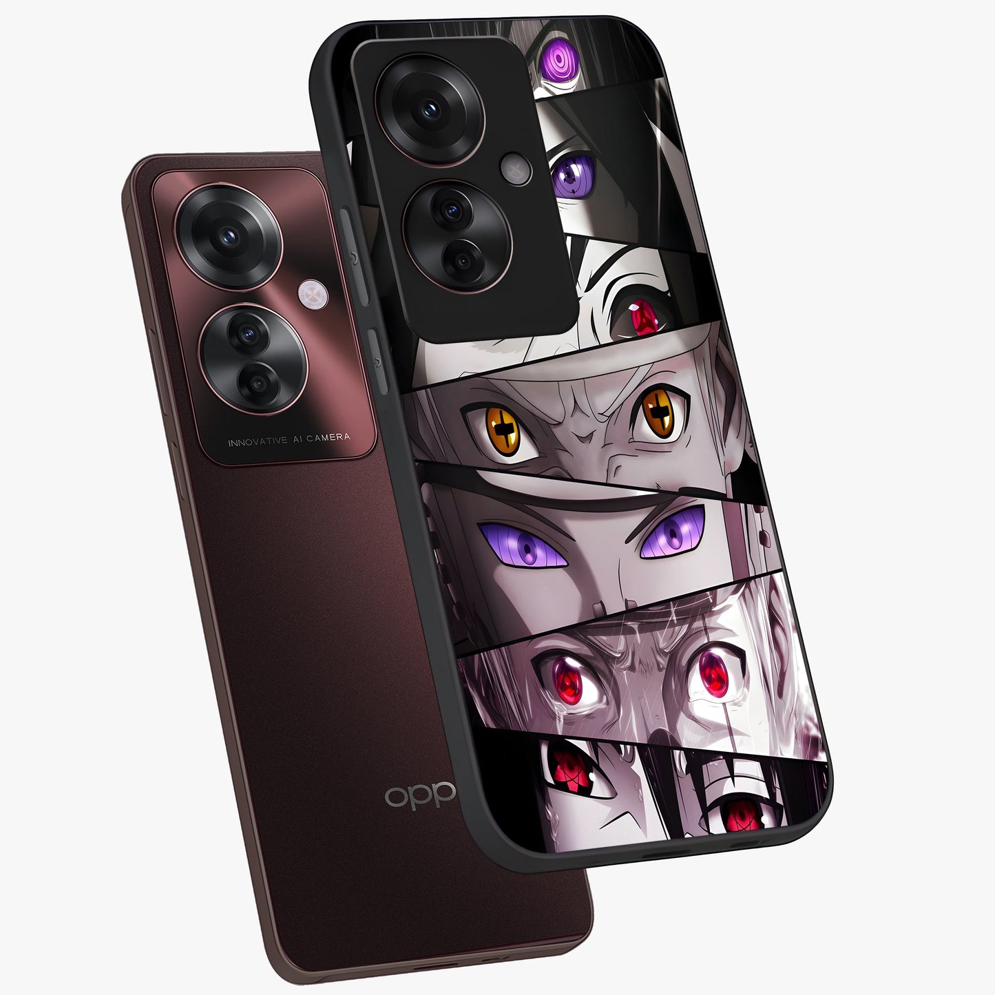 Eyes of Destiny Glass Case displayed in angled mockup highlighting bold eye illustration with mystical aesthetic style.