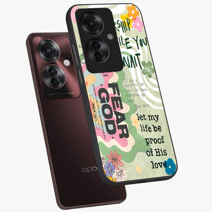 Faith Over Fear Glass Case displayed in angled mockup highlighting inspirational message design with modern aesthetic style.