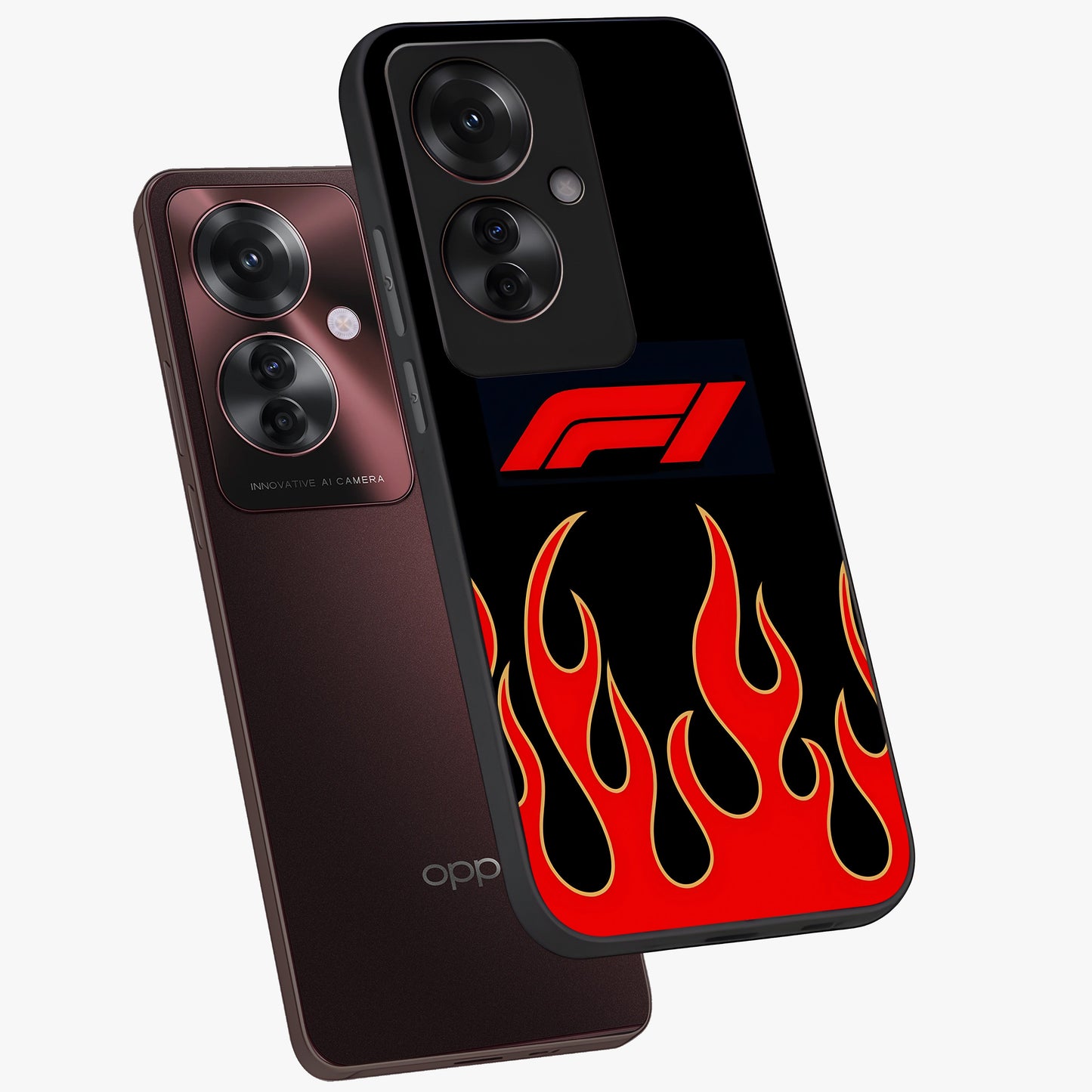 Fire F11 Glass Case displayed in angled mockup highlighting bold fire inspired graphic with energetic aesthetic style.