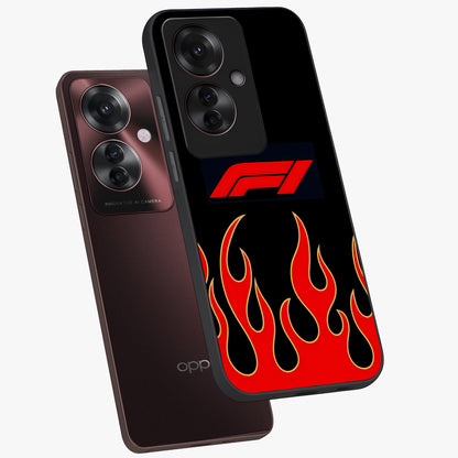 Fire F11 Glass Case displayed in angled mockup highlighting bold fire inspired graphic with energetic aesthetic style.