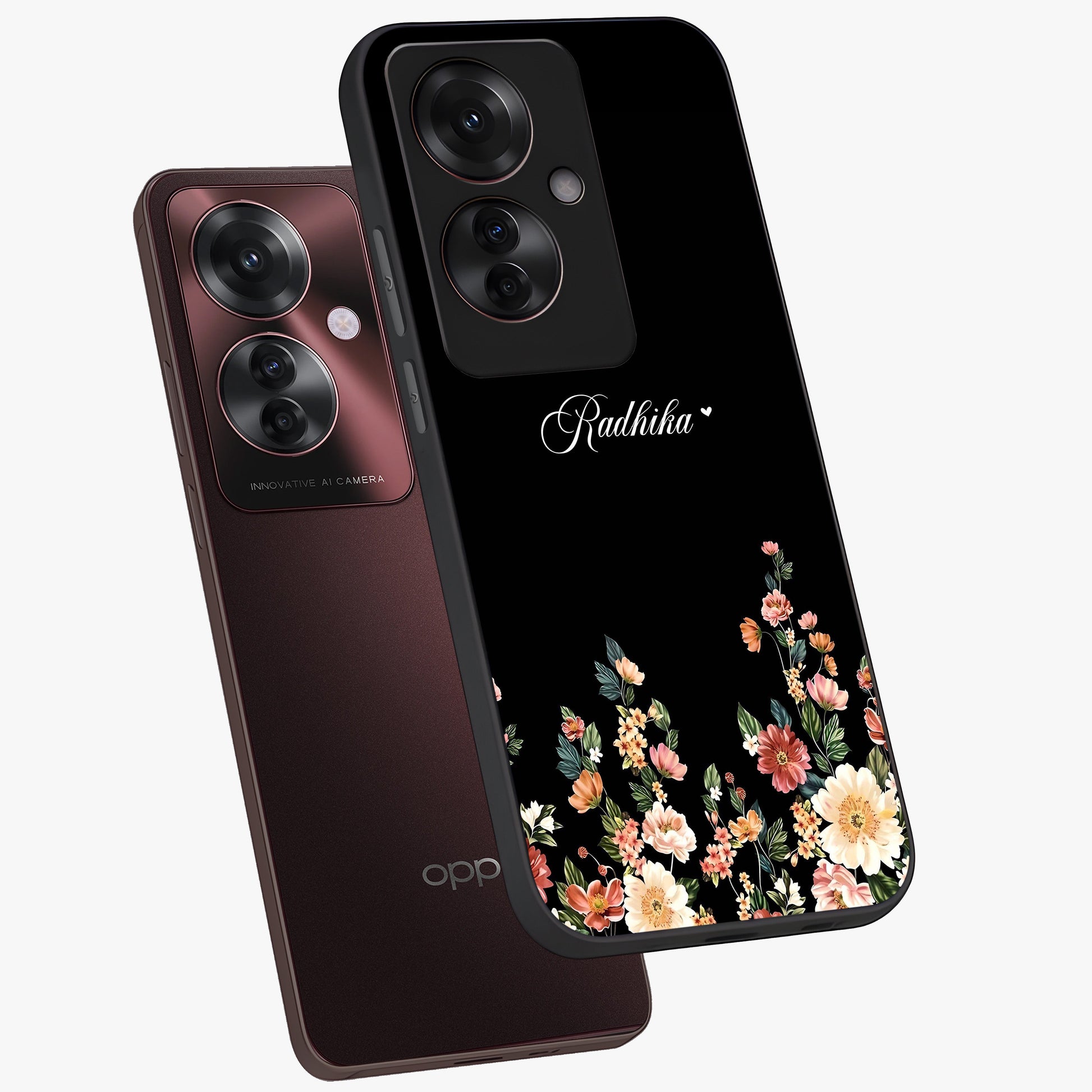 Floral Design With a Custom Personalized Name Glass Case displayed in angled mockup highlighting elegant floral pattern with custom name feature.