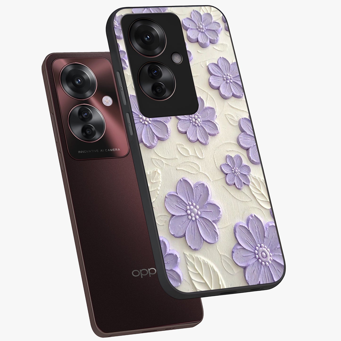 Floral Wall Art With Purple Flowers Glass Case displayed in angled mockup highlighting vibrant purple floral illustration with artistic aesthetic.