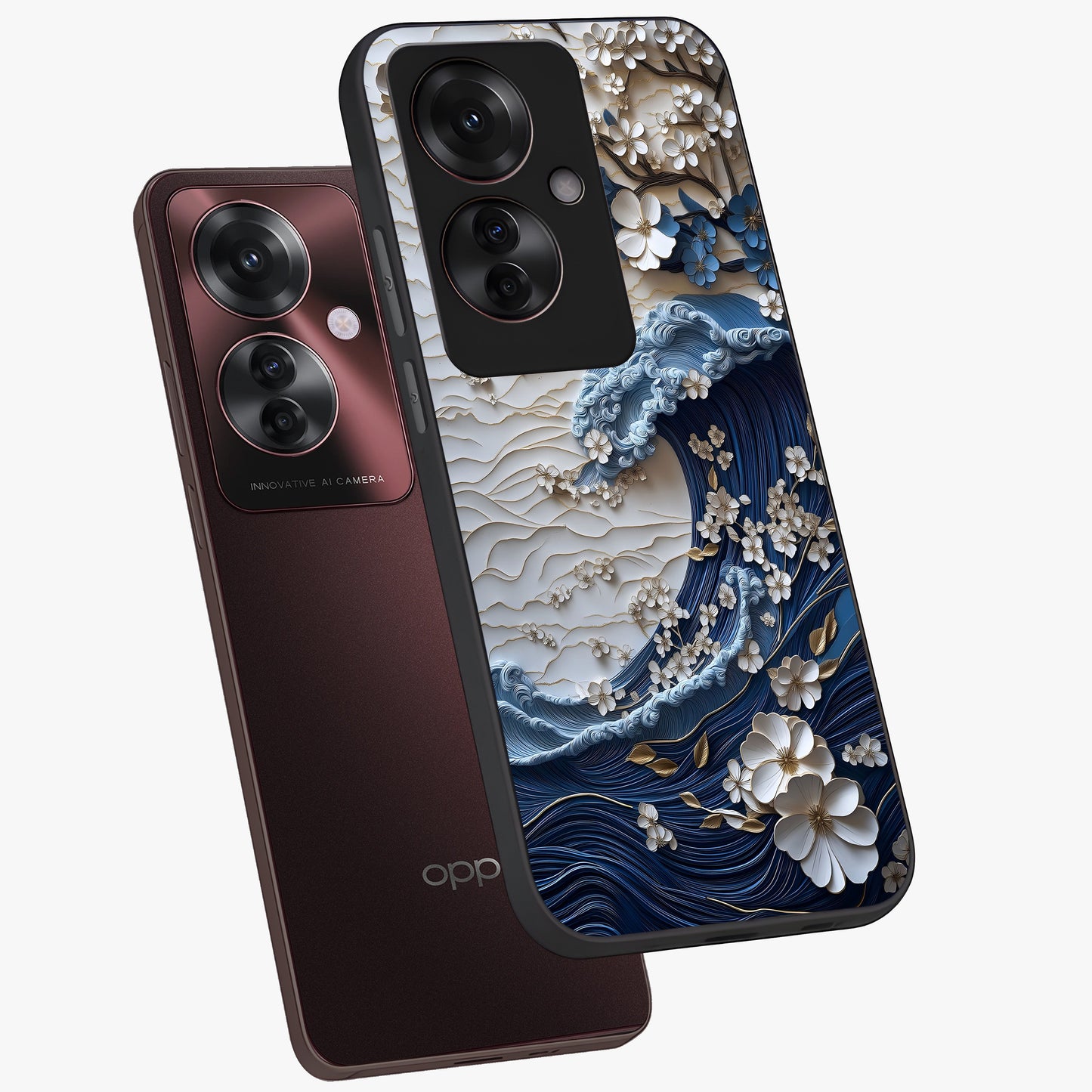 Floral Wave Origami Glass Case displayed in angled mockup highlighting geometric origami flower design with modern aesthetic style.