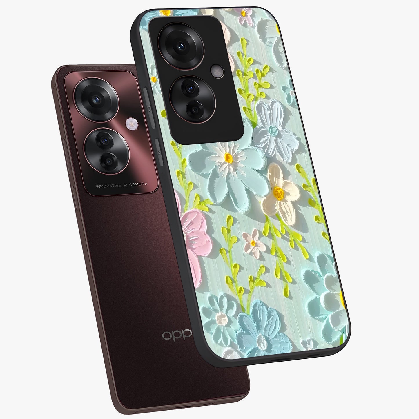 Frosted Petal Garden Glass Case displayed in angled mockup highlighting delicate flower petal design with calm garden aesthetic.