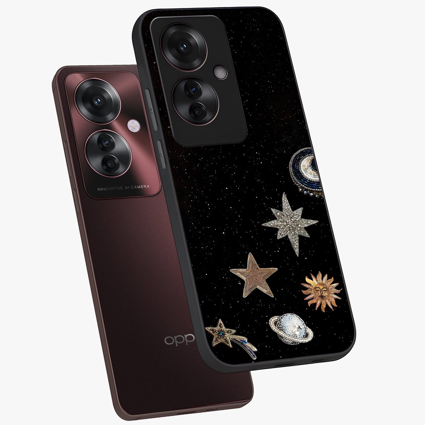 Galactic Charm Glow Glass Case displayed in angled mockup highlighting luminous galaxy inspired design with dreamy aesthetic.