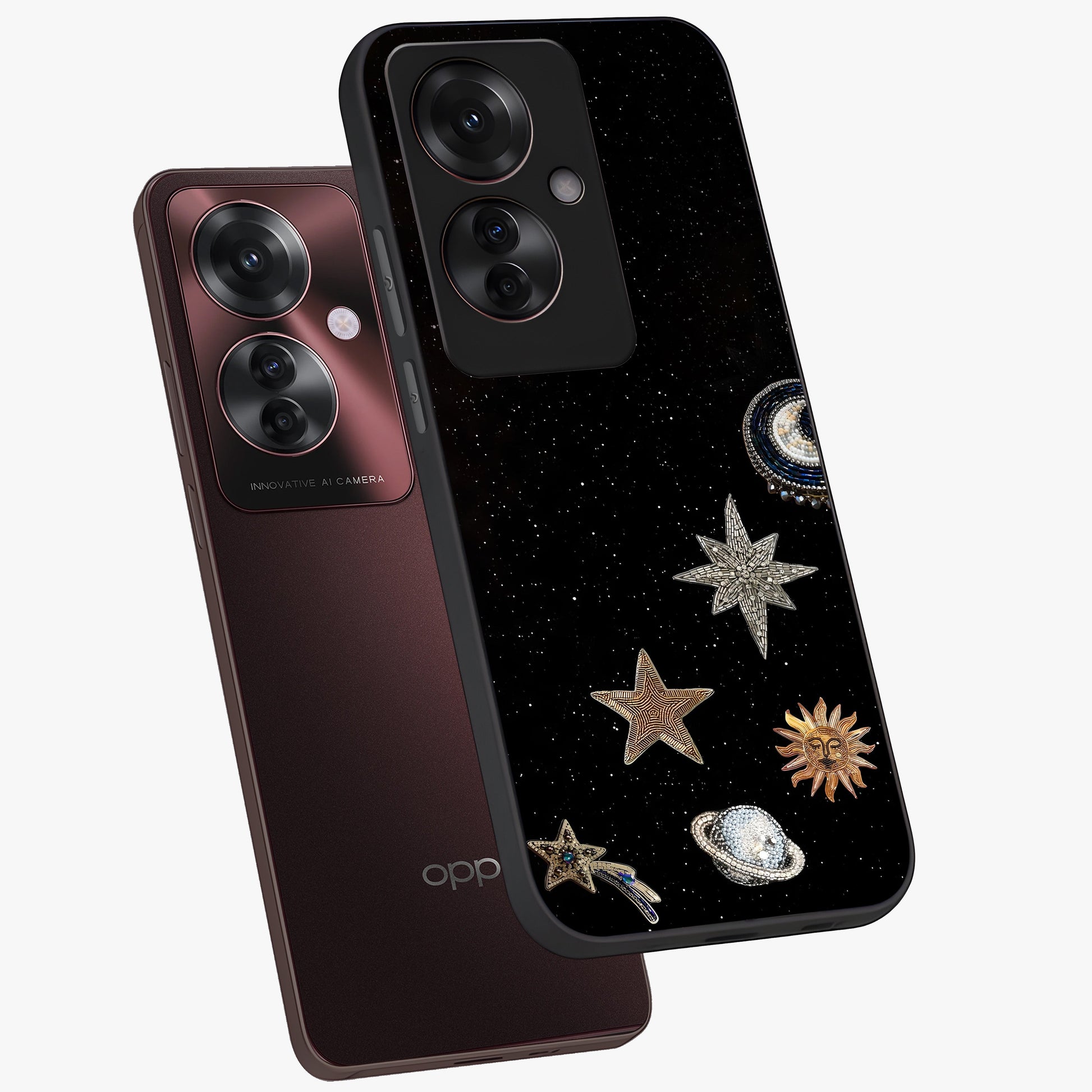 Galactic Charm Glow Glass Case displayed in angled mockup highlighting luminous galaxy inspired design with dreamy aesthetic.