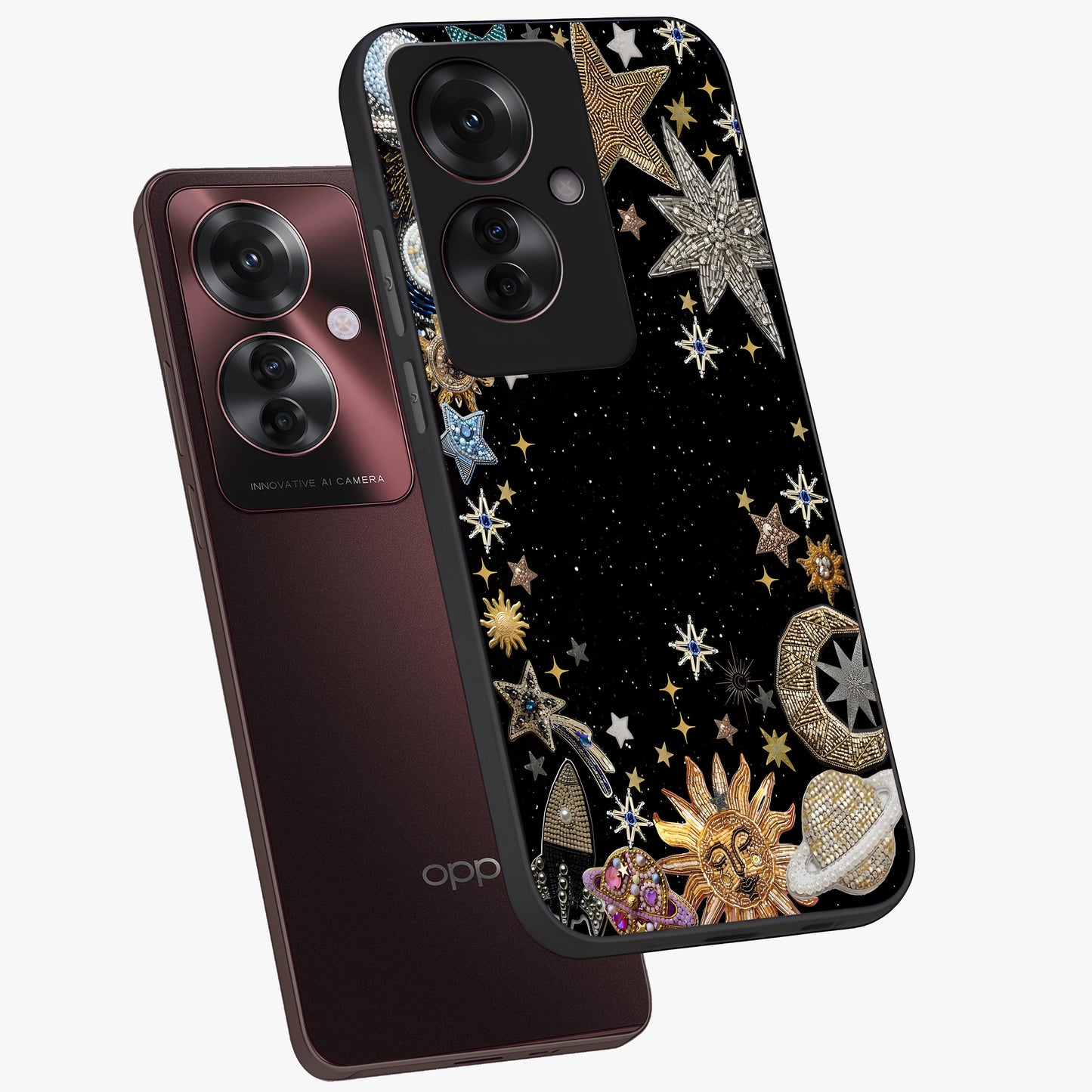 Galactic Jewel Stars Glass Case displayed in angled mockup highlighting shining celestial star design with cosmic aesthetic style.