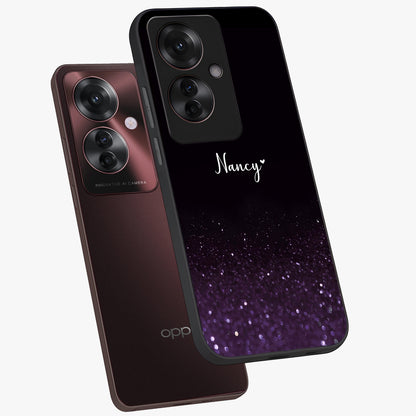 Glittery Purple Bokeh Custom Name Glass Case displayed in angled mockup highlighting glitter bokeh pattern with custom name feature.