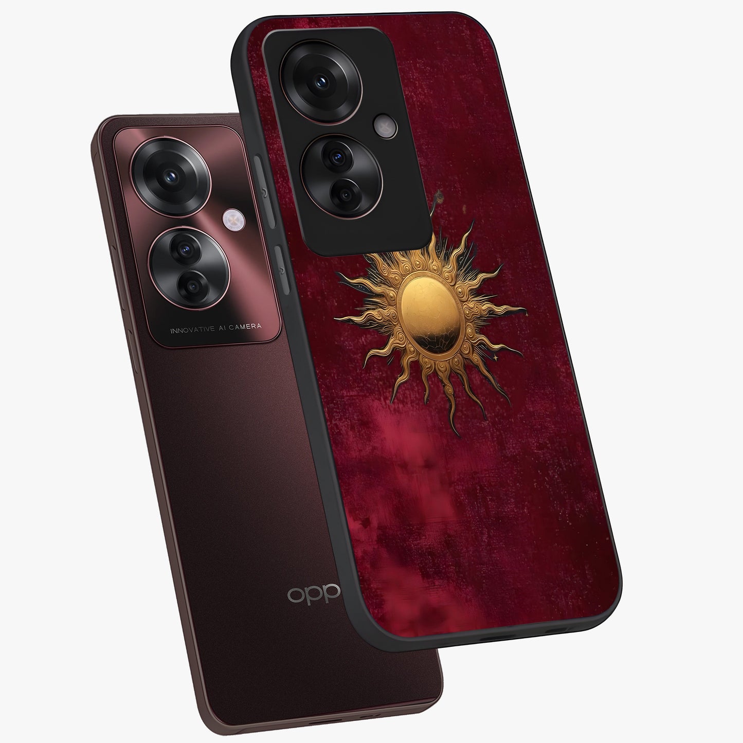 Golden Sun Minimalism Glass Case displayed in angled mockup highlighting clean sun symbol design with modern minimal aesthetic.