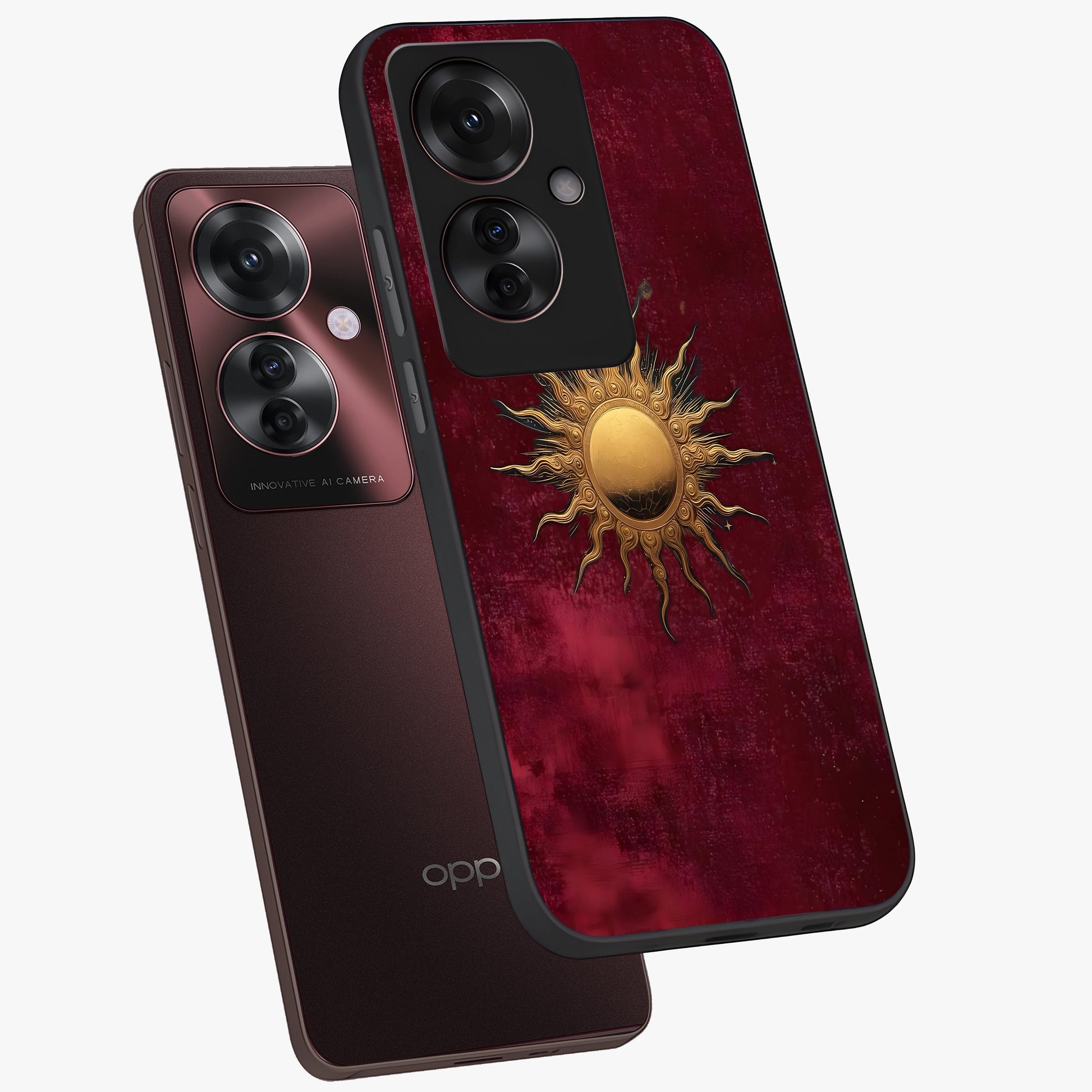 Golden Sun Minimalism Glass Case displayed in angled mockup highlighting clean sun symbol design with modern minimal aesthetic.