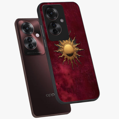 Golden Sun Minimalism Glass Case displayed in angled mockup highlighting clean sun symbol design with modern minimal aesthetic.