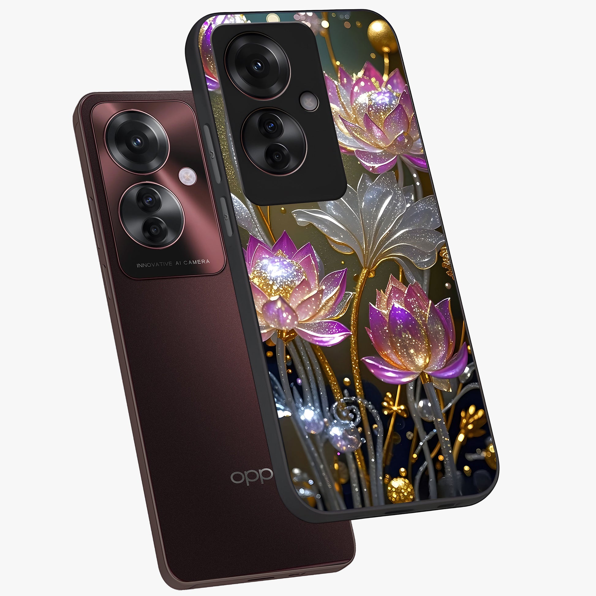 Golden Floral Majesty Glass Case displayed in angled mockup highlighting elegant flower design with royal golden aesthetic.