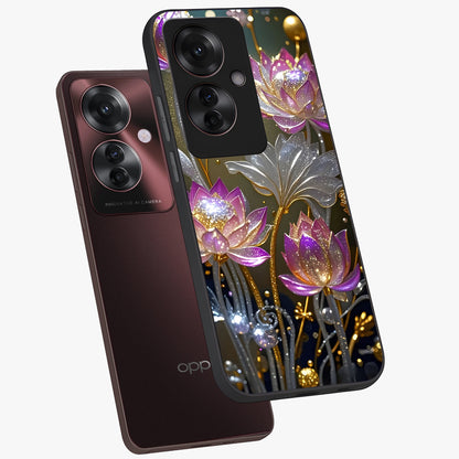 Golden Floral Majesty Glass Case displayed in angled mockup highlighting elegant flower design with royal golden aesthetic.