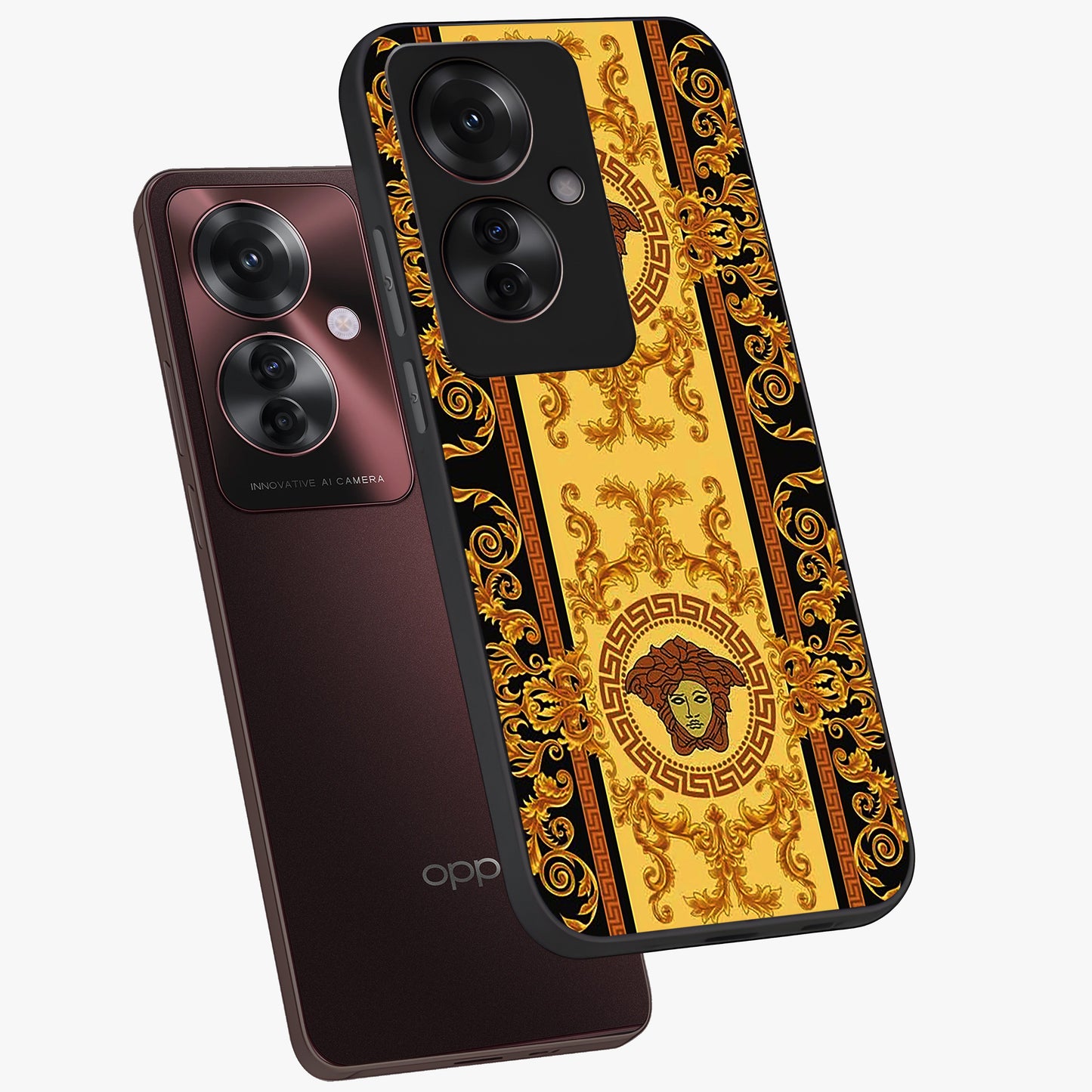 Golden Lotus Glow Glass Case displayed in angled mockup highlighting radiant lotus illustration with spiritual aesthetic.