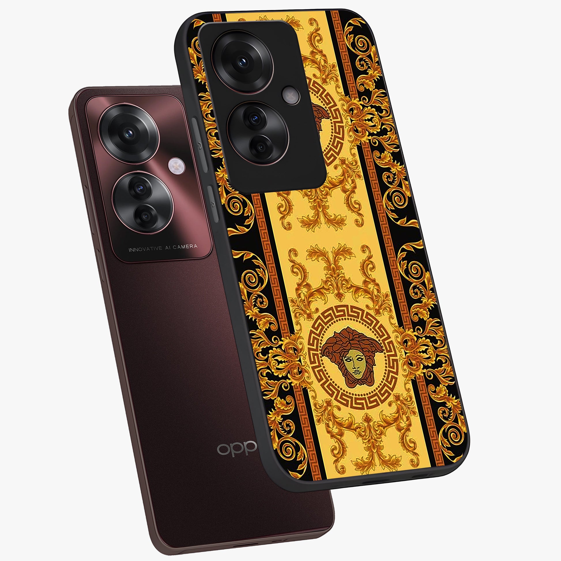 Golden Lotus Glow Glass Case displayed in angled mockup highlighting radiant lotus illustration with spiritual aesthetic.