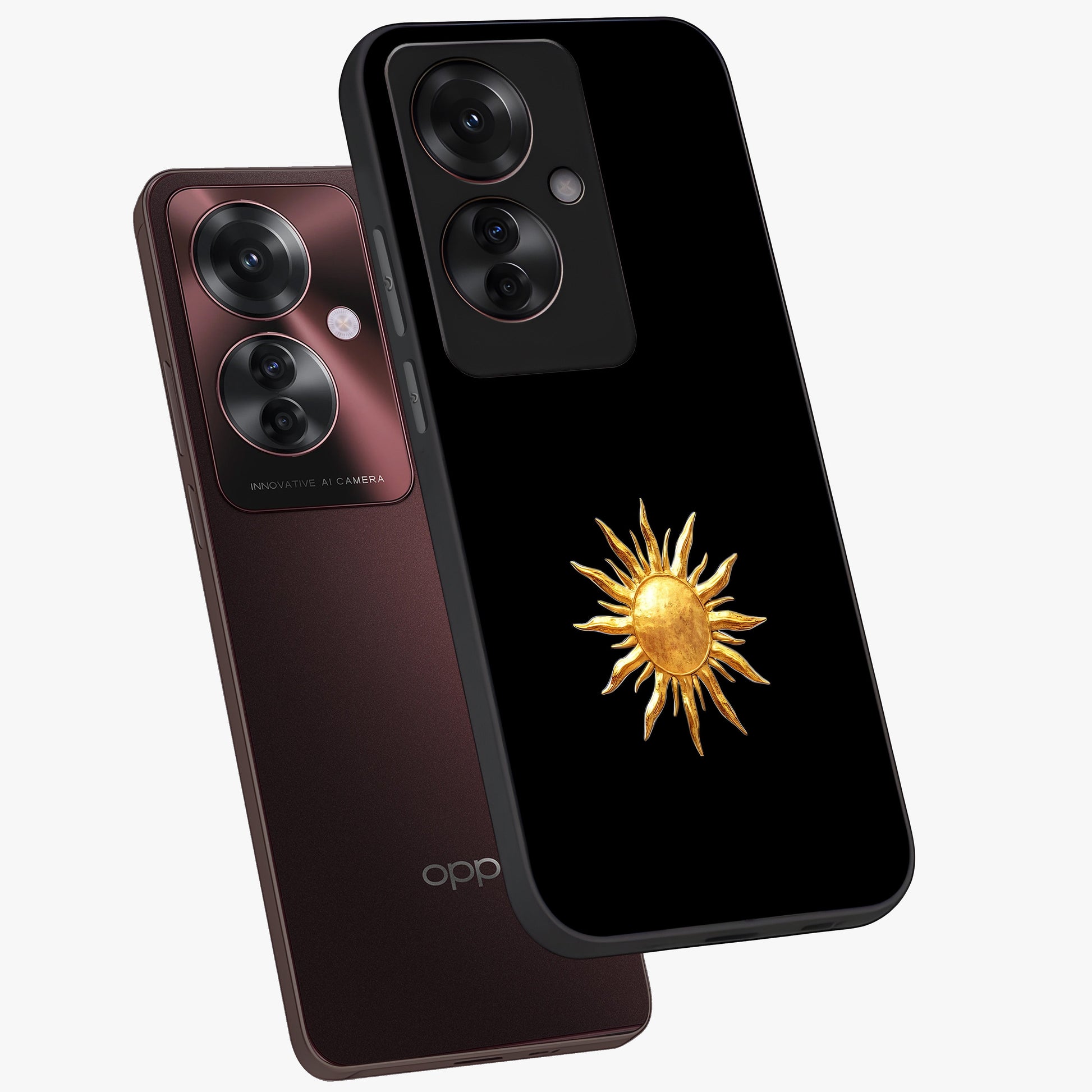 Golden Sun Minimalism Glass Case displayed in angled mockup highlighting eerie shadow illustration with gothic aesthetic.