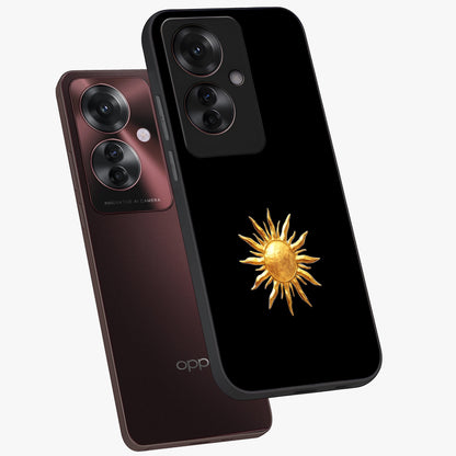 Golden Sun Minimalism Glass Case displayed in angled mockup highlighting eerie shadow illustration with gothic aesthetic.
