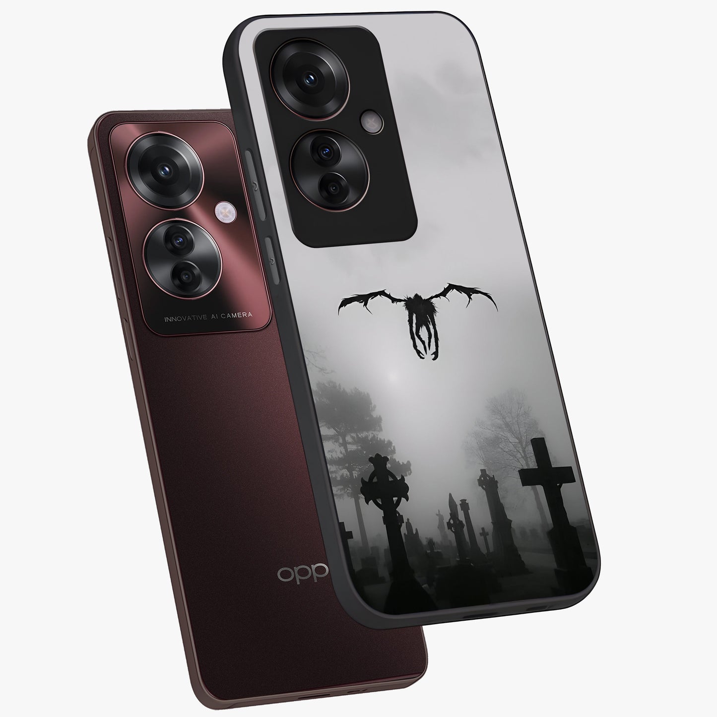 Graveyard Shadow Descent Glass Case displayed in angled mockup highlighting eerie shadow illustration with gothic aesthetic.