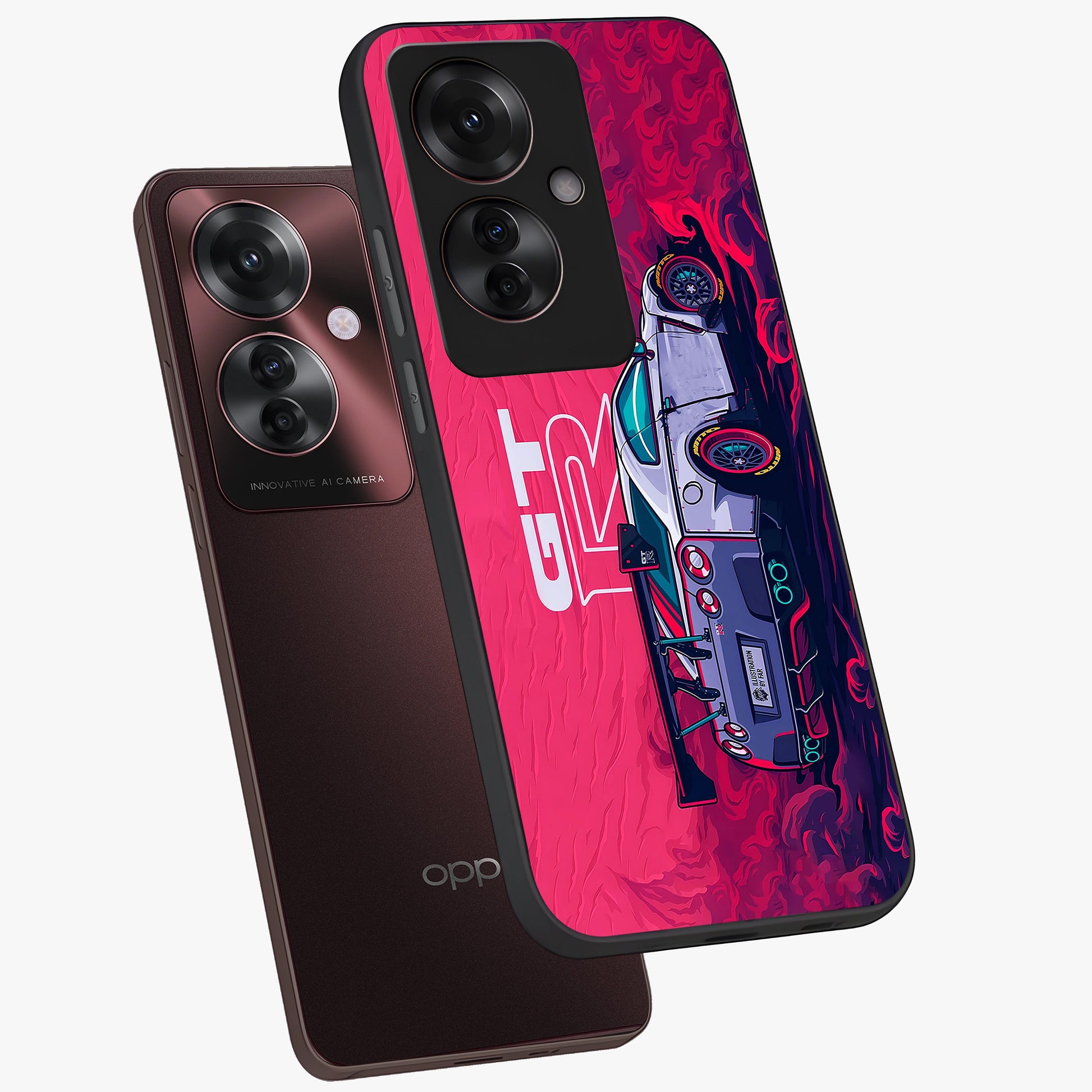 GT-R Car Pattern Glass Case displayed in angled mockup highlighting racing car graphic design with bold automotive aesthetic.