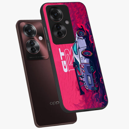 GT-R Car Pattern Glass Case displayed in angled mockup highlighting racing car graphic design with bold automotive aesthetic.