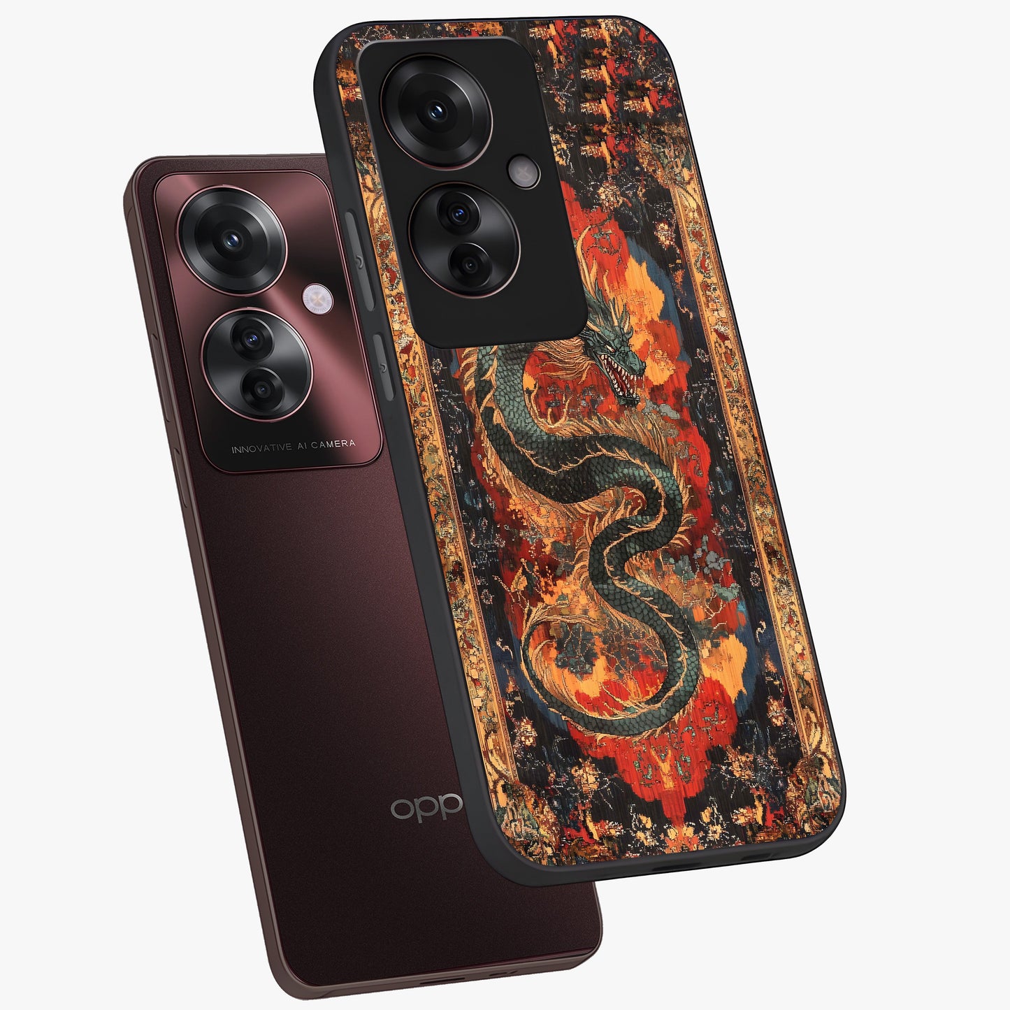 Inferno Dragon Soul Glass Case displayed in angled mockup highlighting powerful dragon illustration with inferno aesthetic.