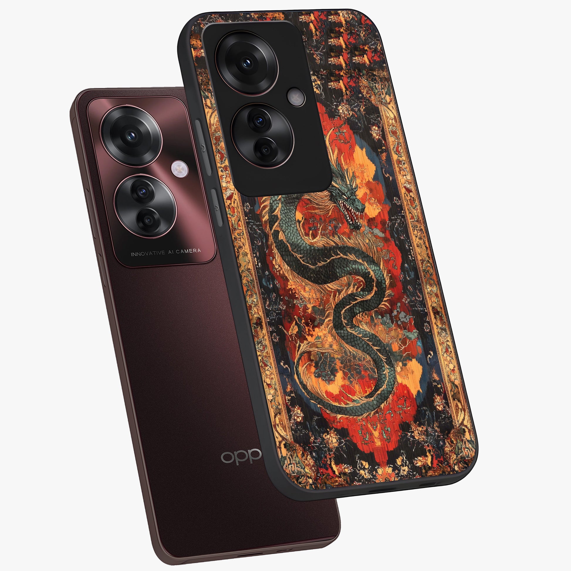 Inferno Dragon Soul Glass Case displayed in angled mockup highlighting powerful dragon illustration with inferno aesthetic.