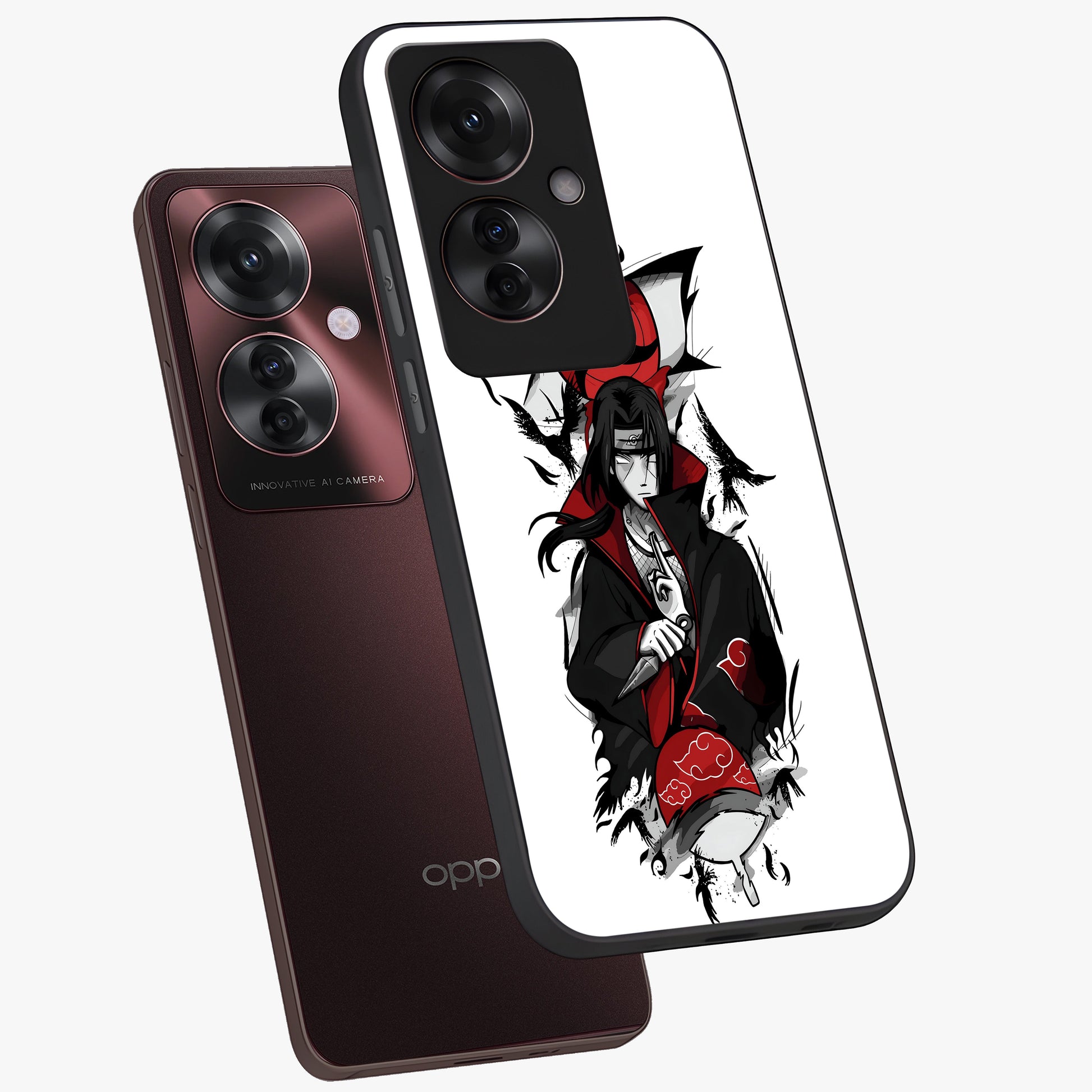 Itachi Limited Edition Naruto Anime Glass Case displayed in angled mockup highlighting dramatic anime illustration with bold action aesthetic.