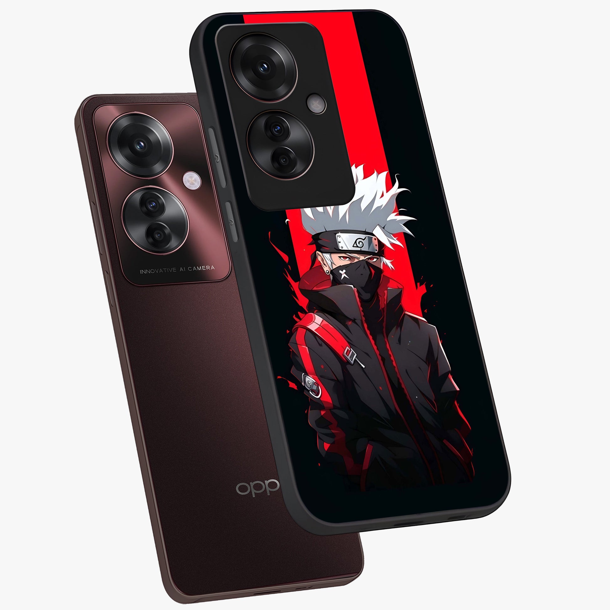 Kakashi Scarlet Shadow Glass Case displayed in angled mockup highlighting dramatic ninja illustration with scarlet themed aesthetic.
