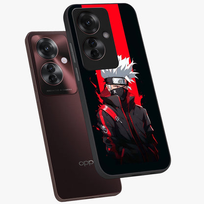 Kakashi Scarlet Shadow Glass Case displayed in angled mockup highlighting dramatic ninja illustration with scarlet themed aesthetic.