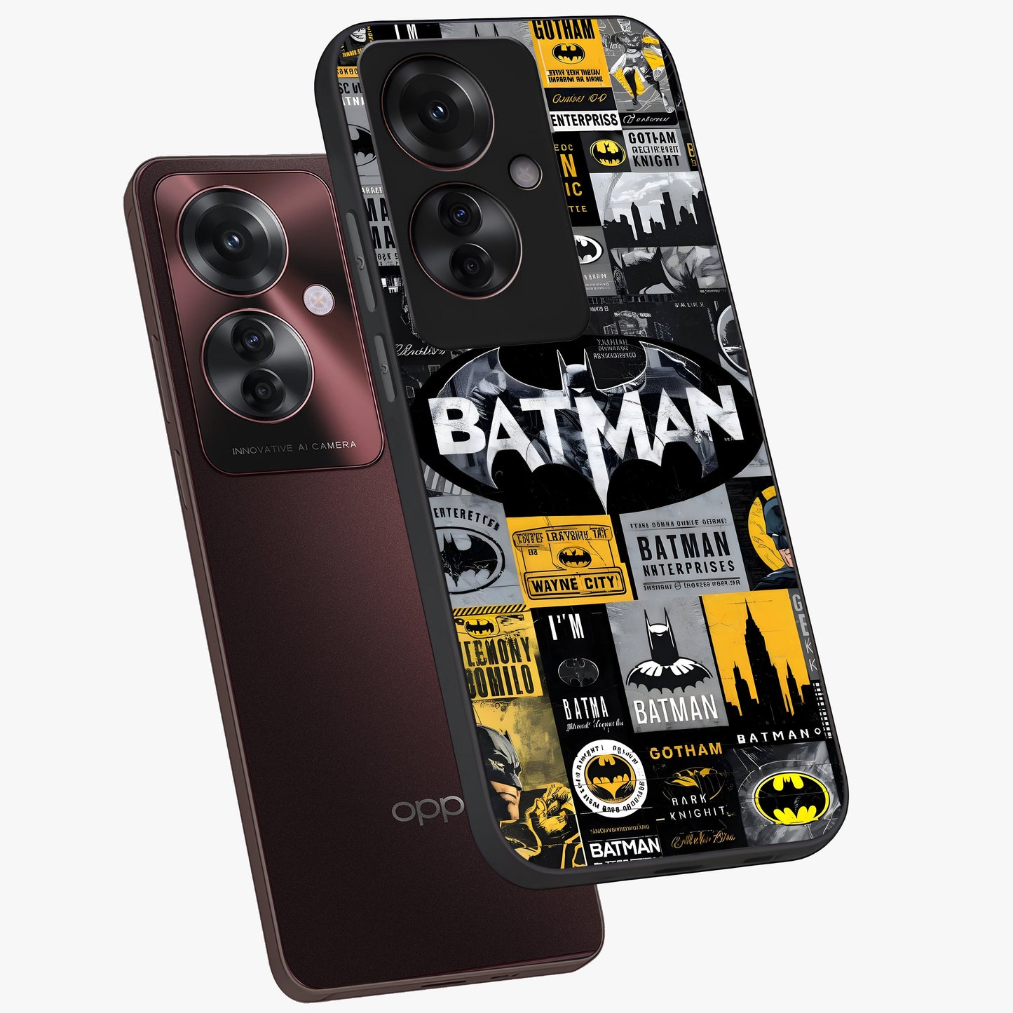 Knight Gotham Rise Glass Case displayed in angled mockup highlighting powerful knight silhouette design with dramatic aesthetic.