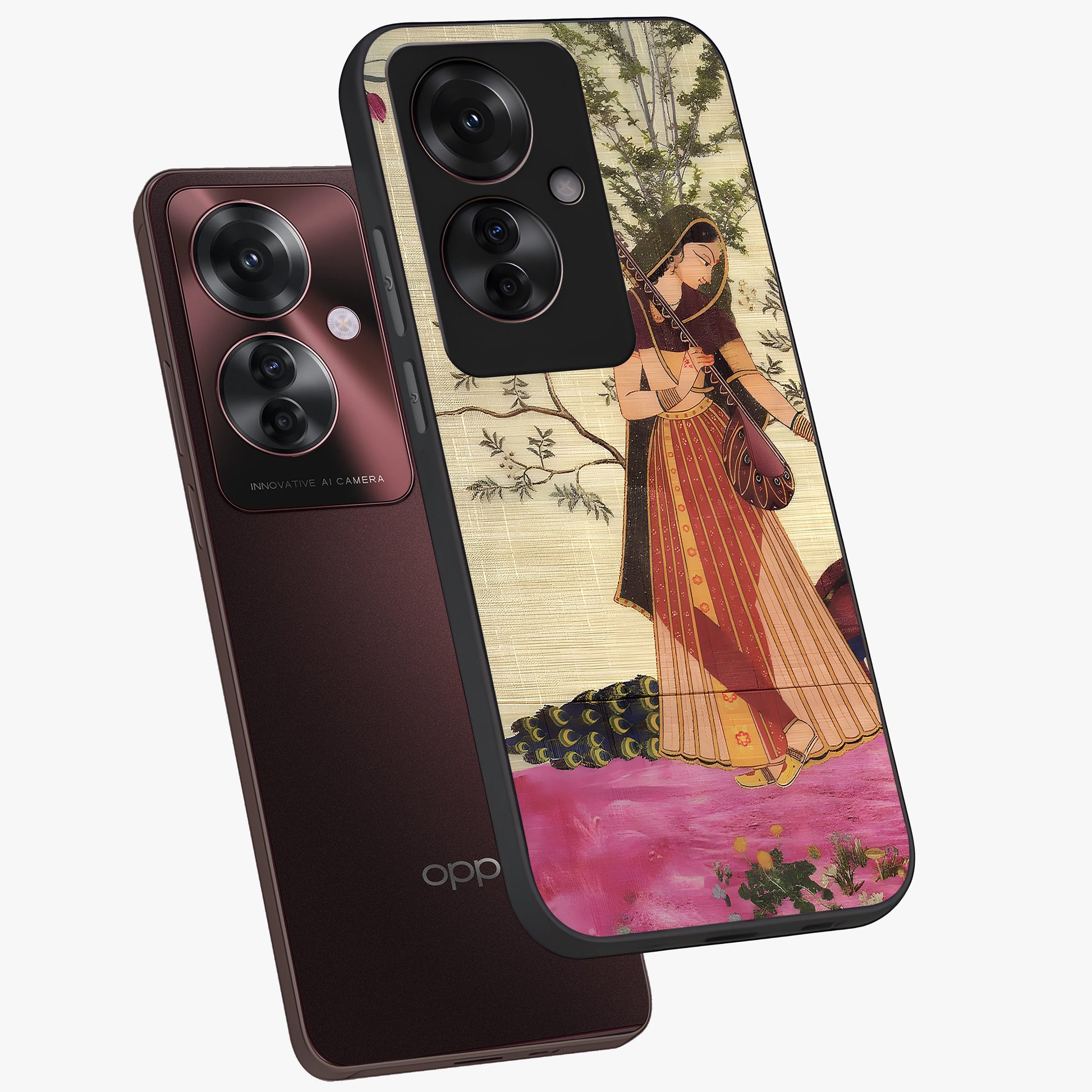 Lady With Veena Art Glass Case displayed in angled mockup highlighting graceful musical illustration with cultural artistic aesthetic.