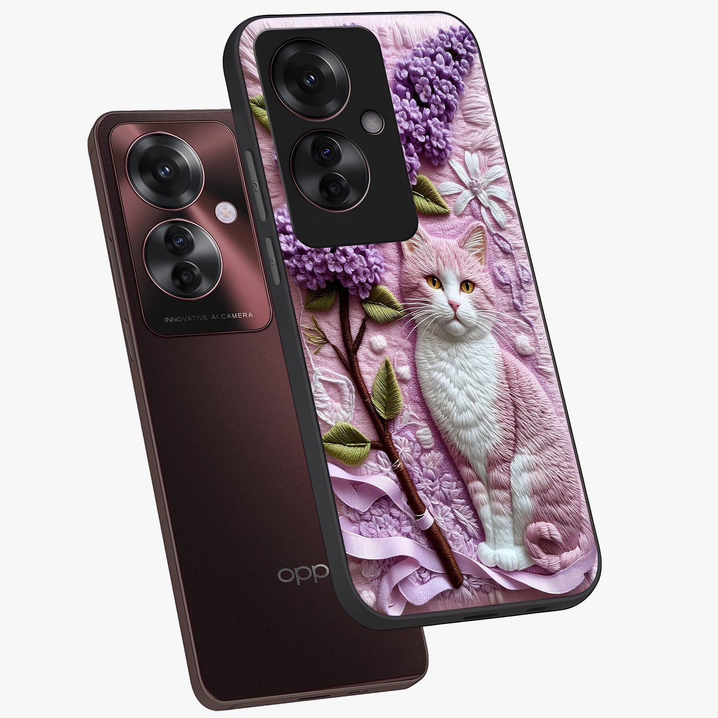Lavender Cat Whimsy Glass Case displayed in angled mockup highlighting playful feline illustration with pastel lavender aesthetic.