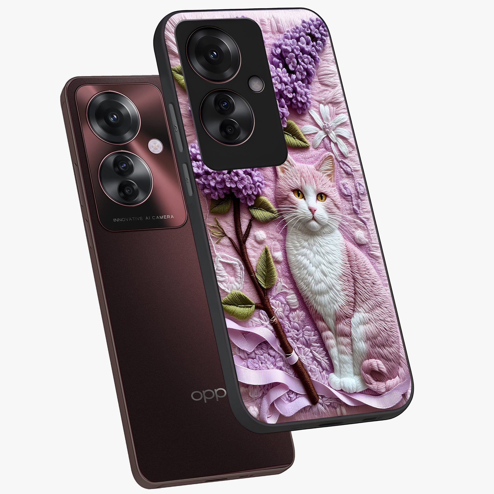Lavender Cat Whimsy Glass Case displayed in angled mockup highlighting playful feline illustration with pastel lavender aesthetic.