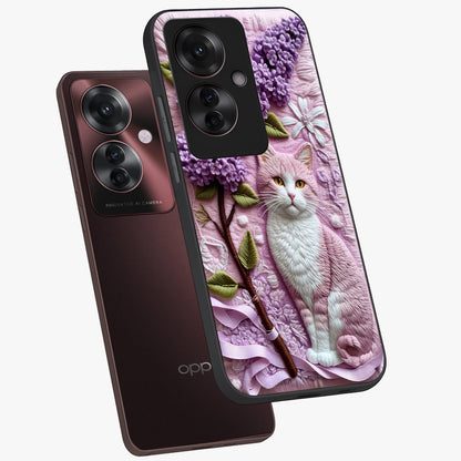 Lavender Cat Whimsy Glass Case displayed in angled mockup highlighting playful feline illustration with pastel lavender aesthetic.