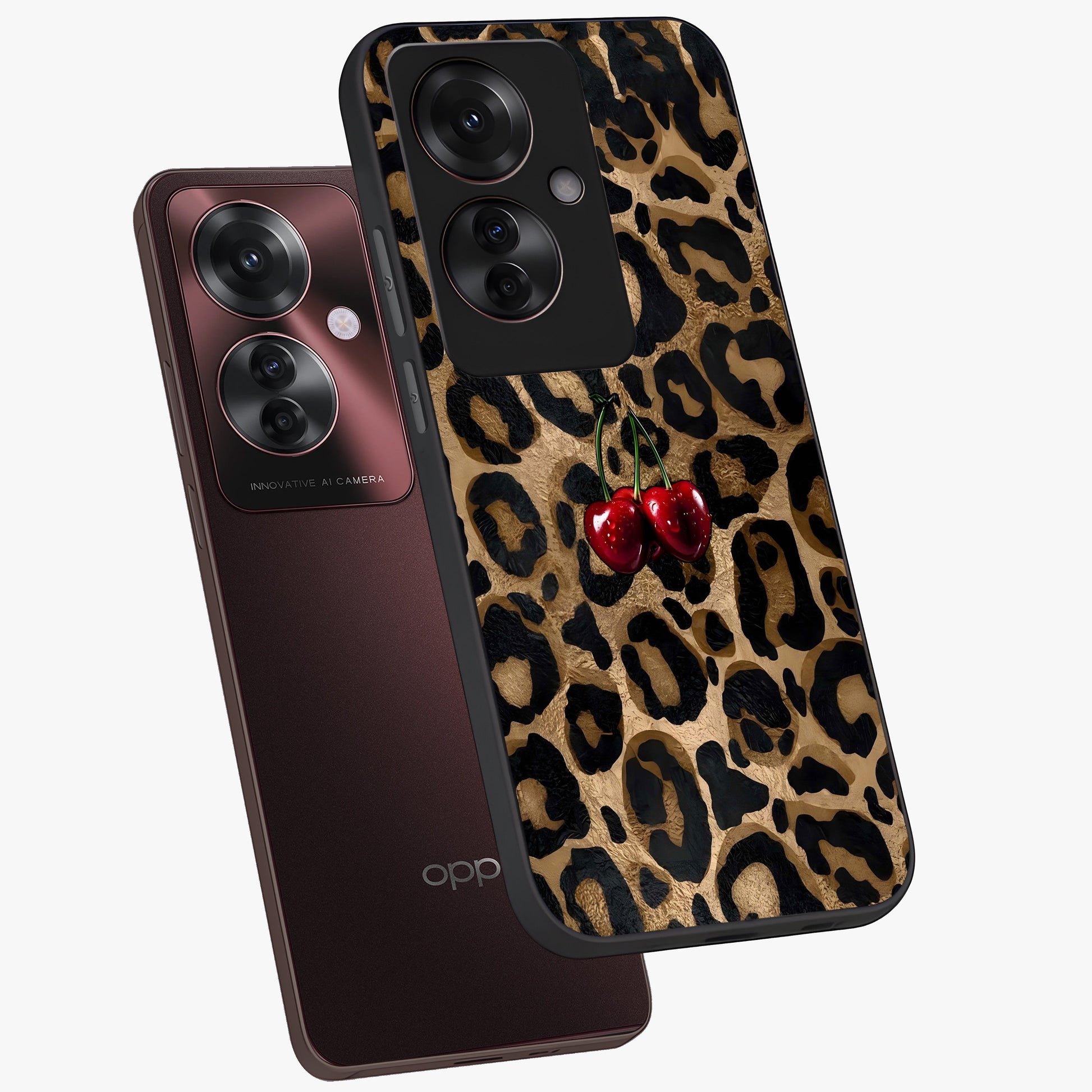 Leopard Wild Cherry Glass Case displayed in angled mockup highlighting bold animal print design with playful cherry aesthetic.