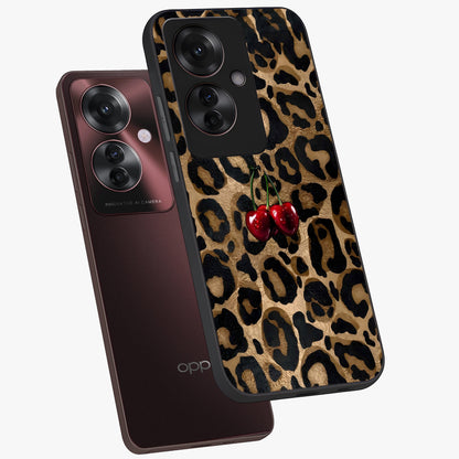 Leopard Wild Cherry Glass Case displayed in angled mockup highlighting bold animal print design with playful cherry aesthetic.