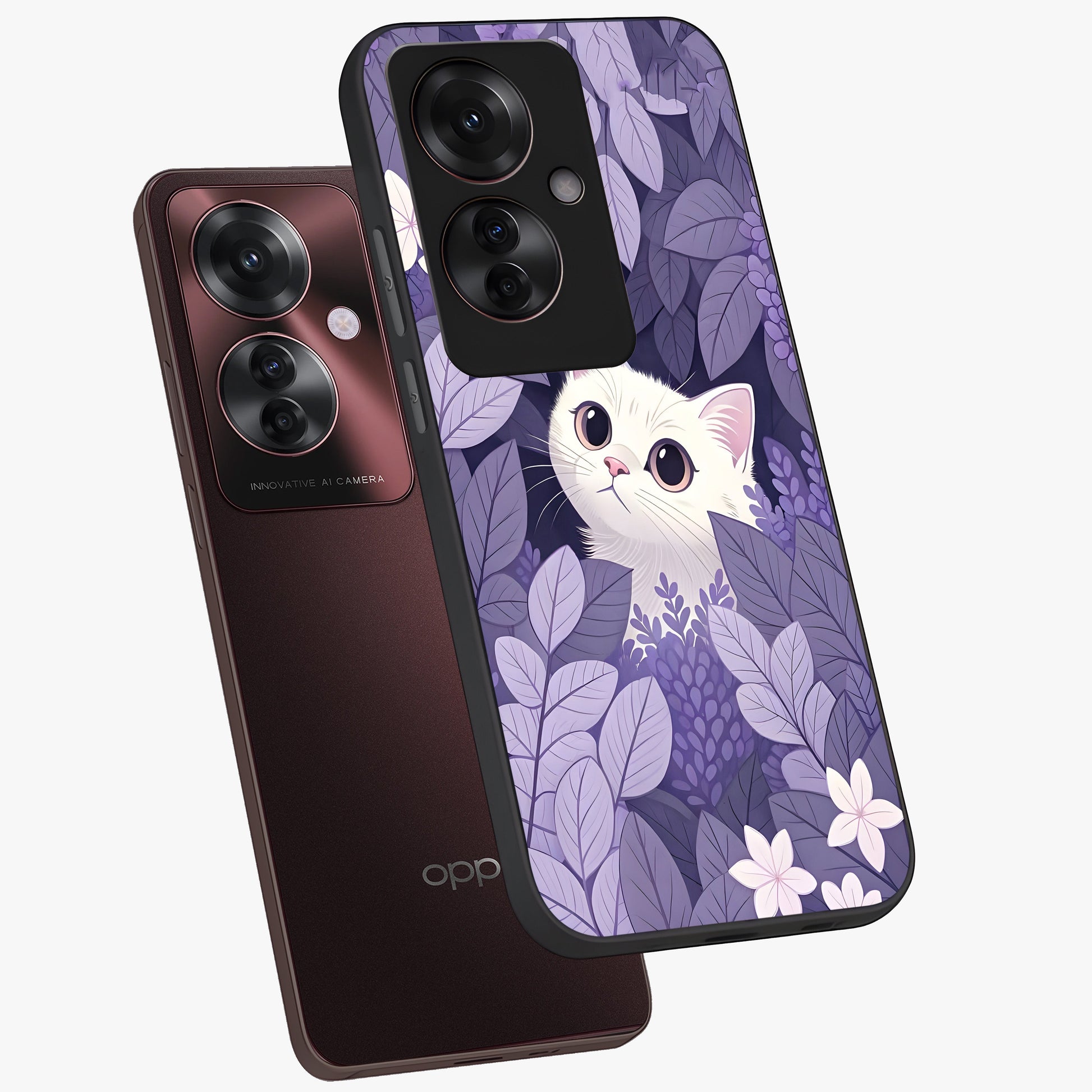 Lilac Hide Peek Cat Glass Case displayed in angled mockup highlighting playful feline illustration with lilac aesthetic design.